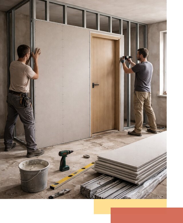 Перегородка из гипсокартона с дверью под ключ в Железногорске