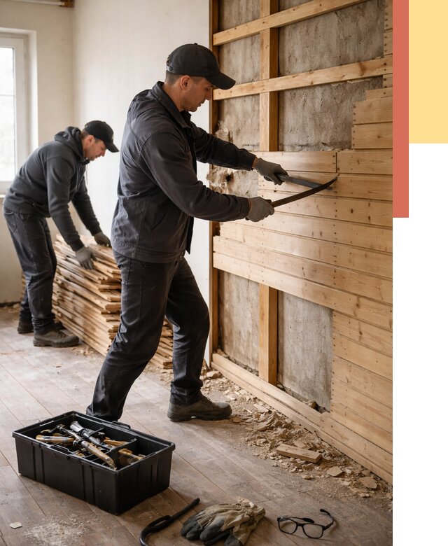 Демонтаж вагонки в Железногорске от 3884 руб/м2 — быстро и недорого | ОТДЕЛОЧНИК-Жлк