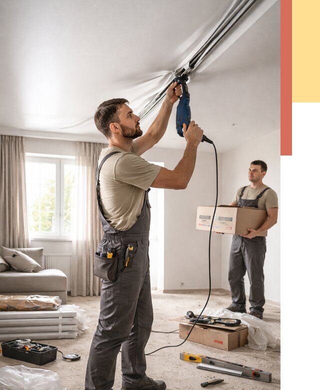 Монтаж сатинового натяжного потолка в Железногорске от 3577 руб. | Быстро, недорого — ОТДЕЛОЧНИК-Жлк