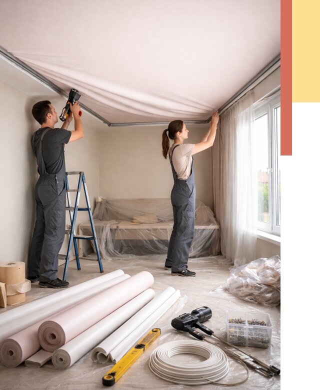 Монтаж цветного натяжного потолка в Железногорске от 4293 руб/м² — быстро и недорого | ОТДЕЛОЧНИК-Жлк