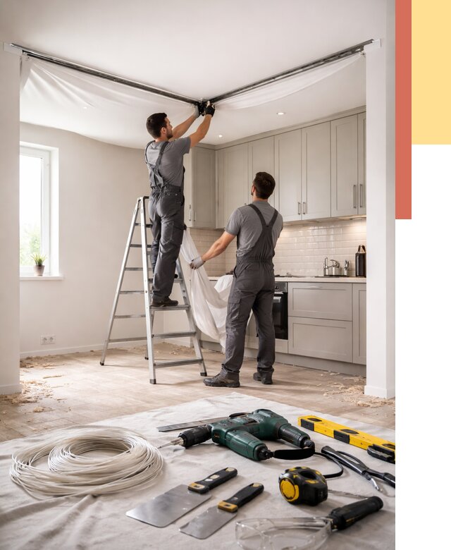 Установка натяжного потолка на кухне в Железногорске от 2453 руб. | ОТДЕЛОЧНИК-Жлк