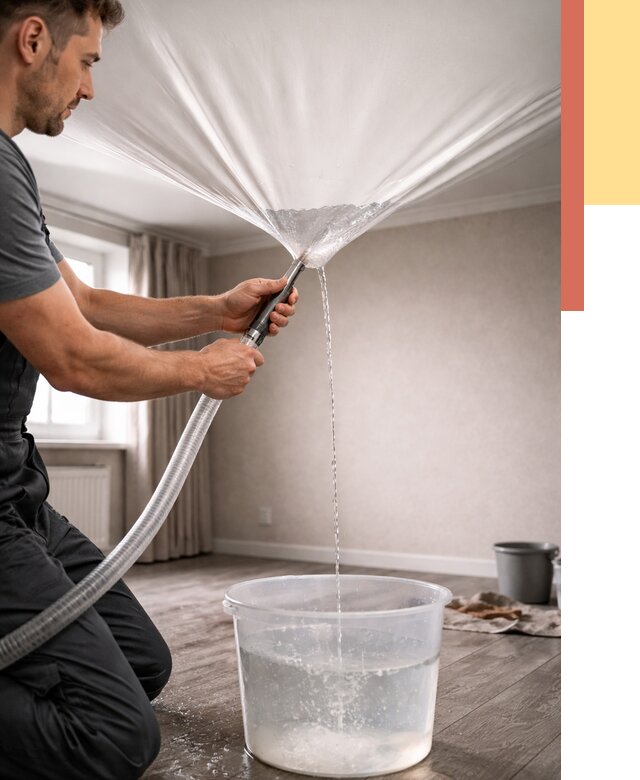 Слив воды с натяжного потолка в Железногорске от 2555 руб. быстро и недорого | ОТДЕЛОЧНИК-Жлк